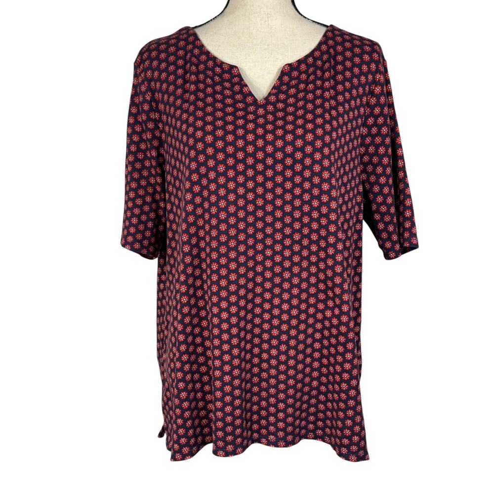Croft & Barrow XX-Large Top Geometric Short Sleeve V-Neck Stretch Slit Navy Blue